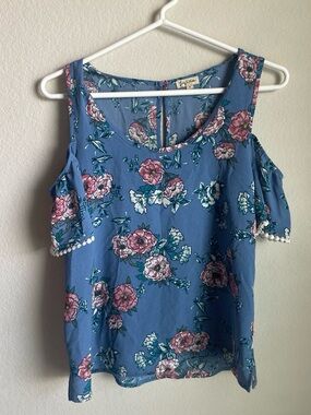 Lily White Blue Floral Cold-Shoulder Blouse